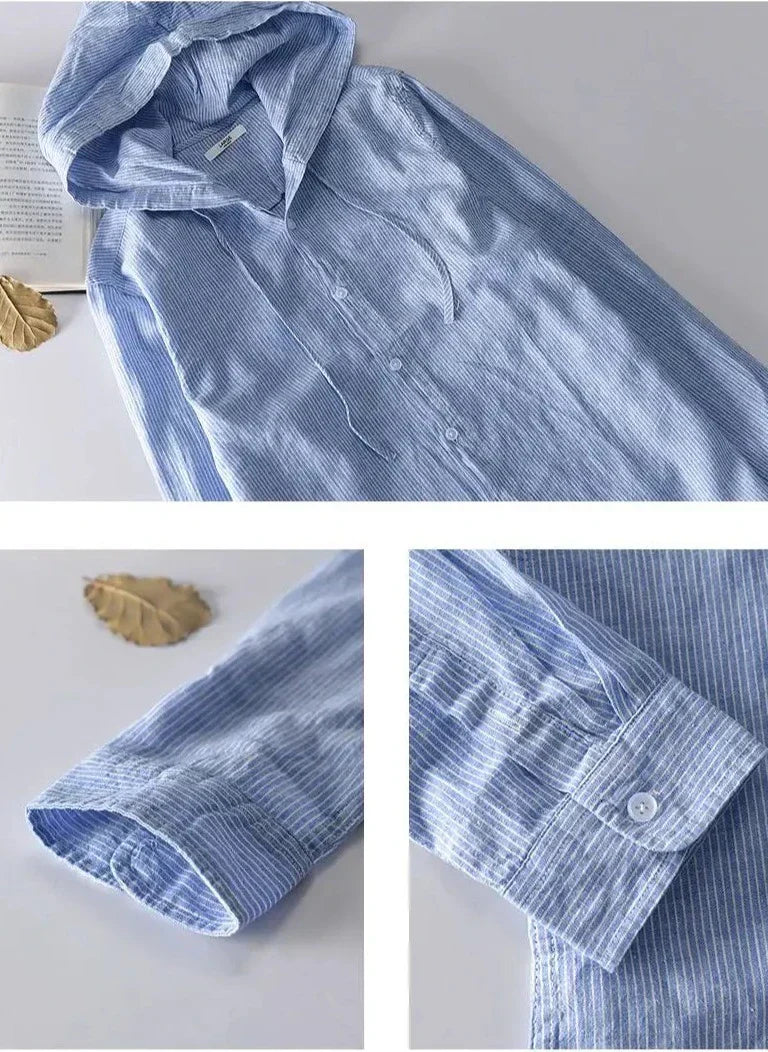 Striped Button-Up Hooded Shirt