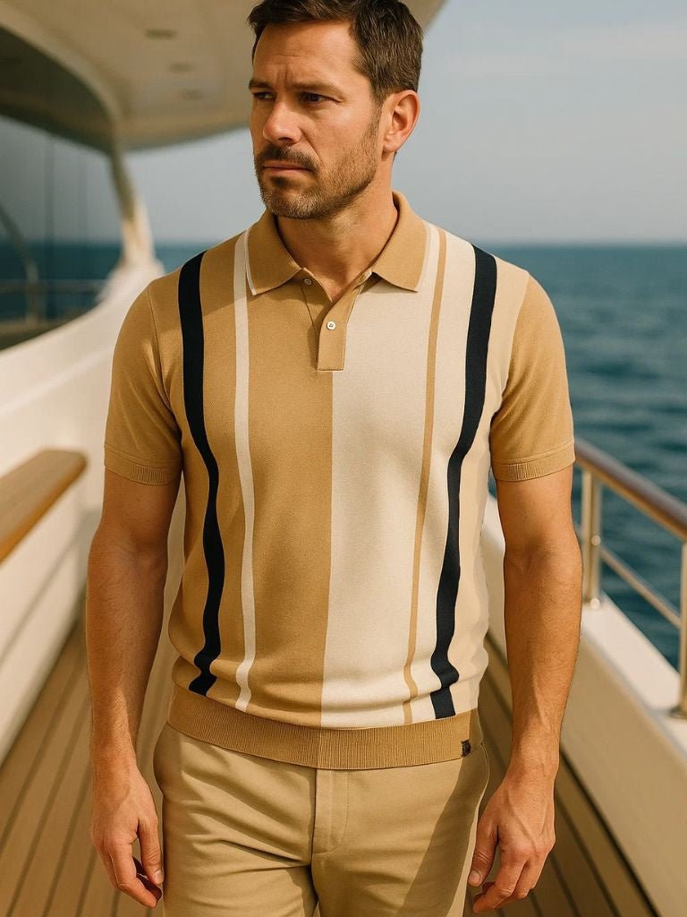 Douglas | Polo with Taupe & Ivory Vertical Stripes